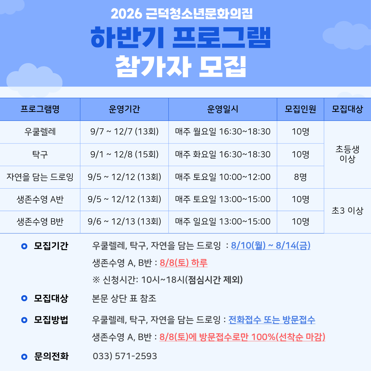 2026 근덕청소년문화의집 하반기 교육문화 프로그램 참가자 모집