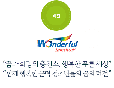 비전 Wonderful Samcheok 꿈과 희망의 충전소, 행복한 푸른 세상 함께 행복한 근덕 청소년들의 꿈의 터전