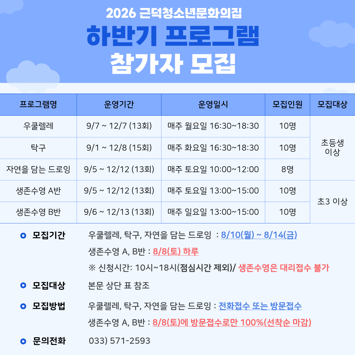 2026 근덕청소년문화의집 하반기 교육문화 프로그램 참가자 모집